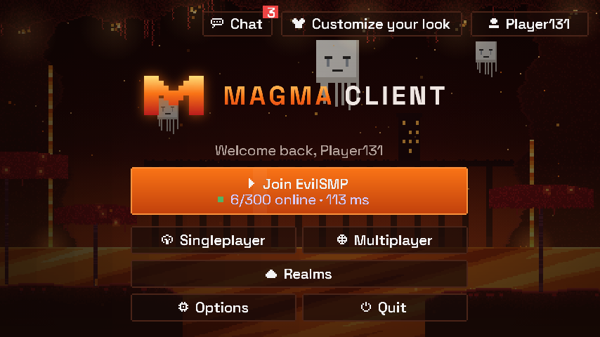 The Magma Client main menu in Minecraft over an animated Nether scene, with Join EvilSMP, Chat and Customize your look buttons